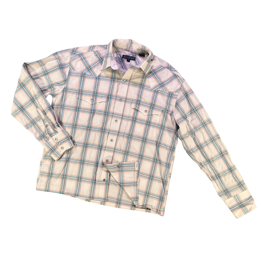 Roper Men's Western Plaid Pearl Snap Shirt M Pastel